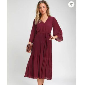 Lulu's Flirty and Thriving Burgundy Pleated Midi Dress (NEVER WORN)